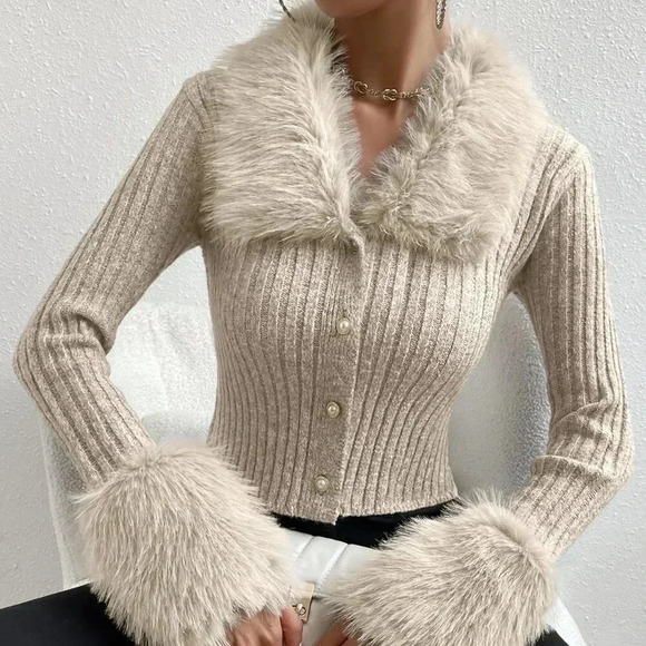 Sweaters - Apricot Elegant Women's Fuzzy Collar Ribbed Knit Cardigan